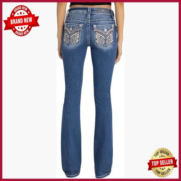 Denim - Mid Rise Bootcut Jeans with Rhinestone Embellishments and Faux Flap Pockets